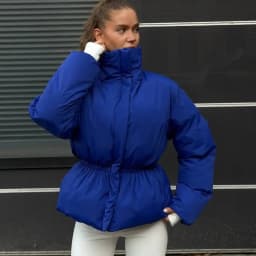 Women Solid Puffer Jacket High Stand Collar Elastic Cinched Waist Peplum Hem Zip Thick Padded Coat Warm Winter Daily Outerwear