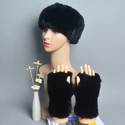 One Set Women Real Rex Rabbit Fur Cuff+Headband Winter Warmer Hat Arm Wrist Sleeve Gloves Female Real Fur Cap+Elastic Wristband