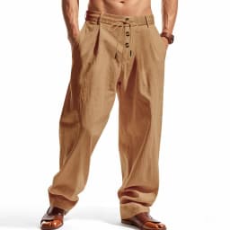 Men's Boho Linen Blend Wide Leg Pants High Waist Drawstring Button Fly Loose Fit Trousers with Side Pockets