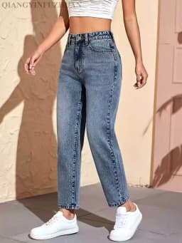 Classic Mid-Rise Cone-Shaped Jeans, Women's Medium Blue Jeans, Washed Denim Casual Pants, Comfortable and Versatile for Daily We