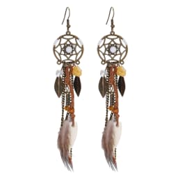 Round Retro Women's Dream Catcher Handmade Long Tassel Feather Earrings Female Leaves Pendant Earring Kolczyki Boho Jewelry