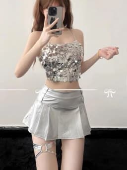 Fashionable Silver Top DJ Lead Bar Performance Costume Women's Chic Sexy Set Stage Outfit Jazz Dance Trendy Ensemble