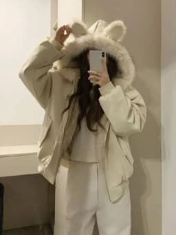 Korean Sweet Plush Rabbit Ear Decor Hooded Coat Women Vintage Aesthetic Loose Outwear Winter Casual Warm Long Sleeve Jacket New