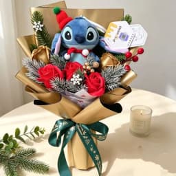 Genuine Stitch Plush Dolls Small Pendant With Artificial Flowers Handmade Bouquets Gifts For Valentine Graduation Christmas