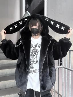 Trendy Womens Black Cute Bunny Ear Collar Zip Up Jacket Y2K Kawaii Oversized Plush Coat Street Style Plush Bunny Ear Warm Coat