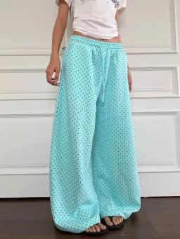 Y2K American 2000s Vintage Teal Turquoise Polka Dot Sweatpants Women Wide Leg Baggy Joggers Drawstring Elastic Lounge Pants
