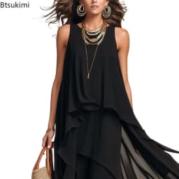 Women's Elegant Solid Dress Summer Casual O Neck Sleeveless Asymmetrical Ruffle Layered Chiffon Maxi Dress Holiday Party Dress
