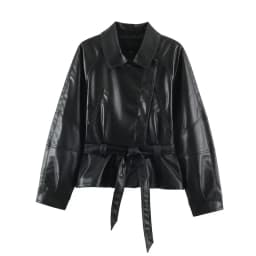 Women Leather Effect Jacket with Belt Lapel Collar Zip Up Long Sleeve Slim Fit Elegant Coat Autumn Winter Outerwear Fashion