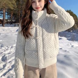Korean Polka Dot Knit Patchwork Corduroy Cotton Jacket for Women Winter Sweet Thick Puffer Jackets Woman Stand Collar Y2K Parkas