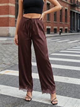 Women's Loose Pants Solid Color Elastic Waist Lace Patchwork Wide Leg Pants Casual Lounge Trousers New