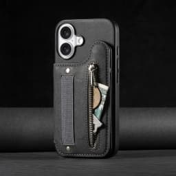Zipper Cards Solt Wallet Leather Case for iPhone 17 16 15 13 Pro Max 14 Plus 16Pro 15Pro Elastic Rope Wrist Leather Cover