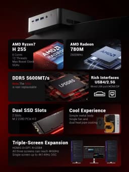 Firebat Mini Pc F1 P Amd Ryzen 7 H 255 Lpddr5 16Gb 512Gb Ssd Windows 11 Pro Desktop Mini Computer USB 4.0 Wi-Fi 6 Bt 5.2