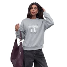 Bow Casual Loose Fit Hoodie with Regular Sleeve Standard Length Single Pullover No Hood Sweatshirt Round Neck Women Sweatshirt