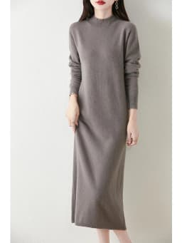 Autumn Winter Women's Wool Long Dress Cashmere Mock Neck Pullover Sweater 100% Merino Wool Soft Knitwear OL Simple Basic Dress