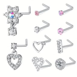 10pcs 20G 7mm Nose Stud Set, 304 Stainless Steel Nostril Jewelry, Elegant Cute Nose Screw Hoop Rings, Synthetic Zirconia