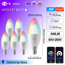 1-10PCS LED Candle Tuya Bulb WiFi E14 Smart RGB CW AC 85-265V 6W LED Lamp C37 Bulbs App Voice Control Support Alexa Google Home