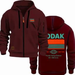 Kodak Retro Pattern Printed Men's Zipper Multi Pocket Hoodie Casual Long Sleeve Zipper Sportswear Retro Hoodie with Pocket