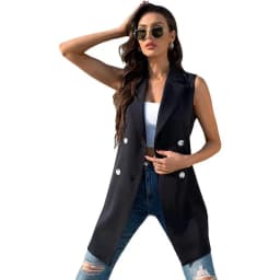 SCY Women's Double Breasted Long Vest Jacket Casual Sleeveless Pocket Outerwear Longline