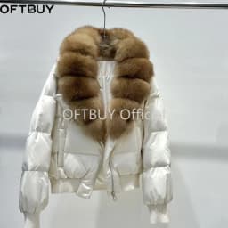 OFTBUY Winter Removable Real Fox Fur Collar Luxury Women Duck Down Jacket Glossy Short Puffer Coat Zipper Warm Fashion Outerwear