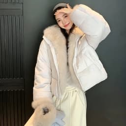 Korean Women's Short Puffer Jacket with Large Fur Collar Women Loose Thick Padded Cotton Coats Female Solid Casual Zipper Parkas