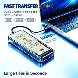 10Gbps Transparent M.2 SSD Enclosure with Built-in Smart Display USB 3.2 Gen2 Type-C External SSD Case,Supports NVMe & SATA Dual