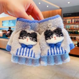 Korean Cute Kids Cartoon Cat Bow Flip Plush Mittens 6-12 Years Old Children Winter Warm Convertible Half Finger Writing Gloves