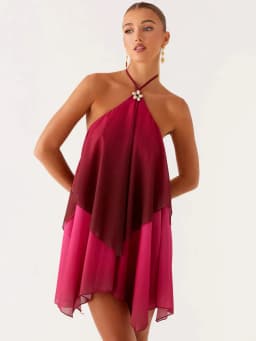 Mozision Gradient Halter Backless Sexy Mini Dress Women Gown Elegant Mesh Zipper Off-shoulder Sleeveless Club Party Dresses