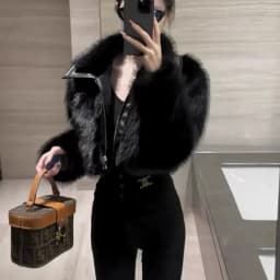 Fall Winter Motorcycle Style Short Fashion Top Women's Patchwork Fur Coat Fake Leather Environmentally Friendly Fur Jacket