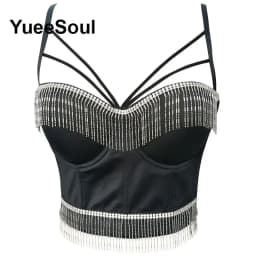 Black Y2K Tops White Rhinestone Sequins Tassel Slim Crop Top New Gothic Party Club Wedding High Street Sexy Corset Top Camis