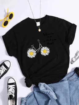 Women's Tshirt Daisy Bike Personalized Text T-Shirts Crewneck Vintage Short Sleeve Tops Korean Style Solid Color Women Tshirt