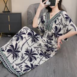 n Long Print Dr V-Ne Slimming Cotton Silk Beachwear Casual High Waist Summer Women's Loose Fit Overhead Dr