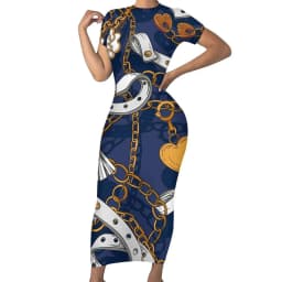 Retro Chains Bodycon Dress Summer Leopard Print Cute Maxi Dresses Women Short Sleeve Graphic Street Fashion Dress 3XL 4XL 5XL