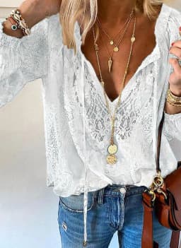 V-neck Hollow Air Quality Commuting Loose Printed Solid Color Lace Shirt Women Beach Vacation New Versatile Long-sleeved T-shirt