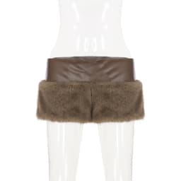 Faux Fur Patchwork Grommet Metal Buckles Pu Leather Shorts Women Chic Sexy Zipper Low Waist Casual Streetwear Bottoms Clubwear