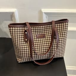 Casual Houndstooth Print Tote Bag, Large Capacity Shoulder Purse with Brown Leather Straps, Versatile for Everyday Work Outings