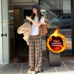 Afashion Lamb Velvet Fleece Lined Thick Plaid Casual Pants Women's Autumn Winter Loose Straight Leg Wide Leg Cotton Sleepwear Tr