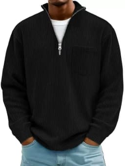 Autumn And Winter New Men's Solid Color Corduroy Long-sleeved Zipper Stand-up Collar Loose Fashion Men's Sweater