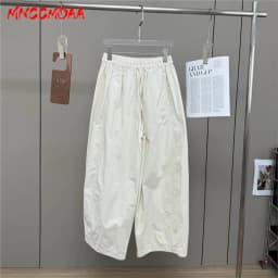 Women's White Elastic Waist Wide Leg Pants Summer Female Casual Loose Trousers