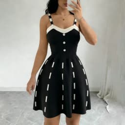 Button Front Knit Sweater Dress Women's Contrast Strap V-Neck A-Line Midi Skater Dress Casual Summer Daily Party Knitted Dress
