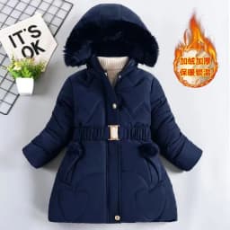 2024 New Winter Keep Warm Girls Jacket Waist Belt Design Detachable Hat Lining Plush Hooded Heavy Coat For Kids