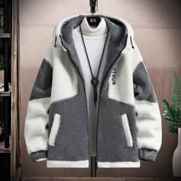 Men's Fleece Lined Thickened Jacket Autumn Winter New Style Korean Large Size Lamb Velvet Hooded Warmth Cold Resistant Clothing