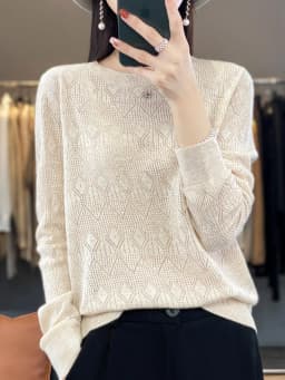 New Women Wool Blend Sweater Spring O-neck Geometric Hollow Pullover Fashion Soft Sweater Loose Casual Knit Base Tops