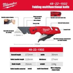 Milwaukee FASTBACK Series, 6-in-1 Folding Multifunctional Knife, Blade Angle Less Than 60°, Folding Blade Storage, Art Knife