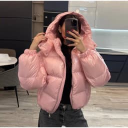 Women's Glossy Shiny Hooded Zip Cropped Puffer Jacket Oversized Loose Fit Long Sleeve Elastic Cuff Padded Warm Casual Winter Top