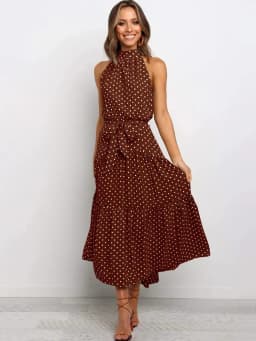 Women's Halter Neck Maxi Dress - Floral Print Boho Chic Smocked Waist Summer Beach Dress for Vacation Casual Wear