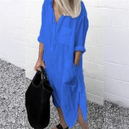 Women Elegant Cotton Linen Solid Color Dresses Summer Comfortable Female Casual Commuter Dress Multi-pocket Split Hem Loose Gown