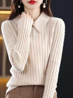 Autumn Winter New Woman 100% Wool Sweater Soft Polo Collar Vertical Stripe Pullover Casual Knitted Tops Cashmere Female Sweater