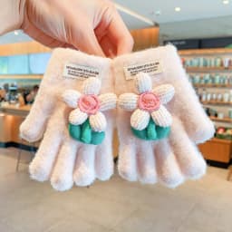 Kids Lace Bow Plush Full Finger Gloves For Girls Cute Flower Bud Decor Girls Winter Warm Windproof Faux Mink Fur Kawaii Gloves