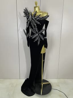 Shiny Diamond Velvet Sexy Side Slit Floor Length Dress With Gloves Women Chic Birthday Banquet Show Host Nightclub Stage Wear