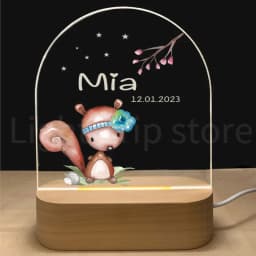 Personalized Baby Birth Night Light Custom Name Animal Elephant Lion with USB Wood Base Lamp for Bedroom Table Rainbow Decor